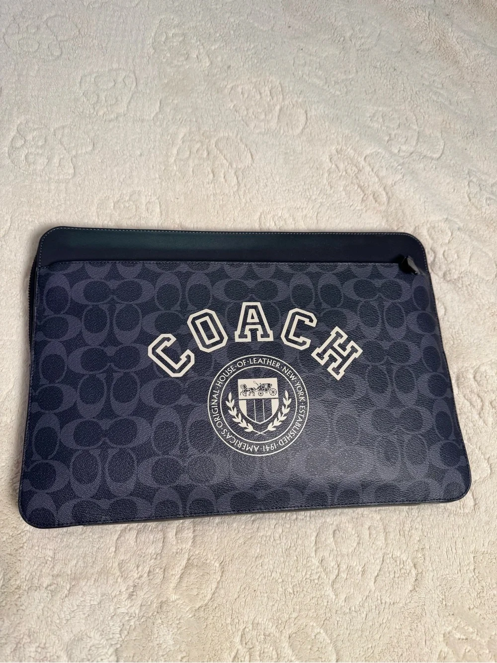 Coach Navy and Black Signature Laptop Sleeve with Logo Crest